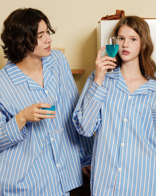 TESER Cozy Line ストライプ 100%コットン 長袖パジャマセット(Blue / Unisex)