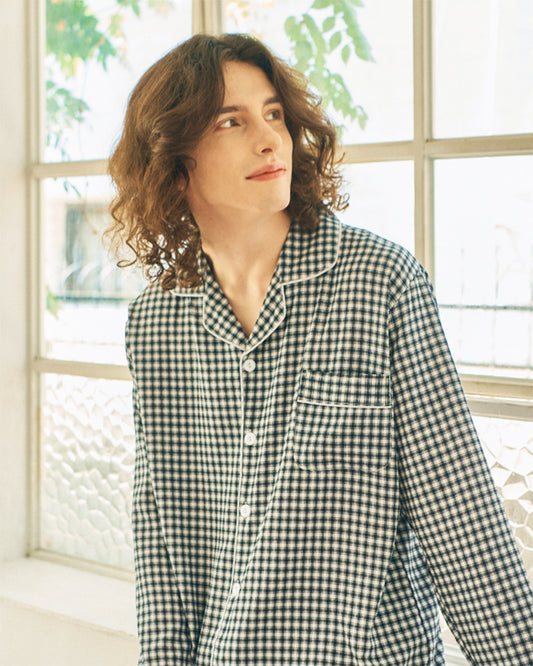 TESER K&K チェック ソフトフィット 長袖パジャマセット(Black & White / Unisex)