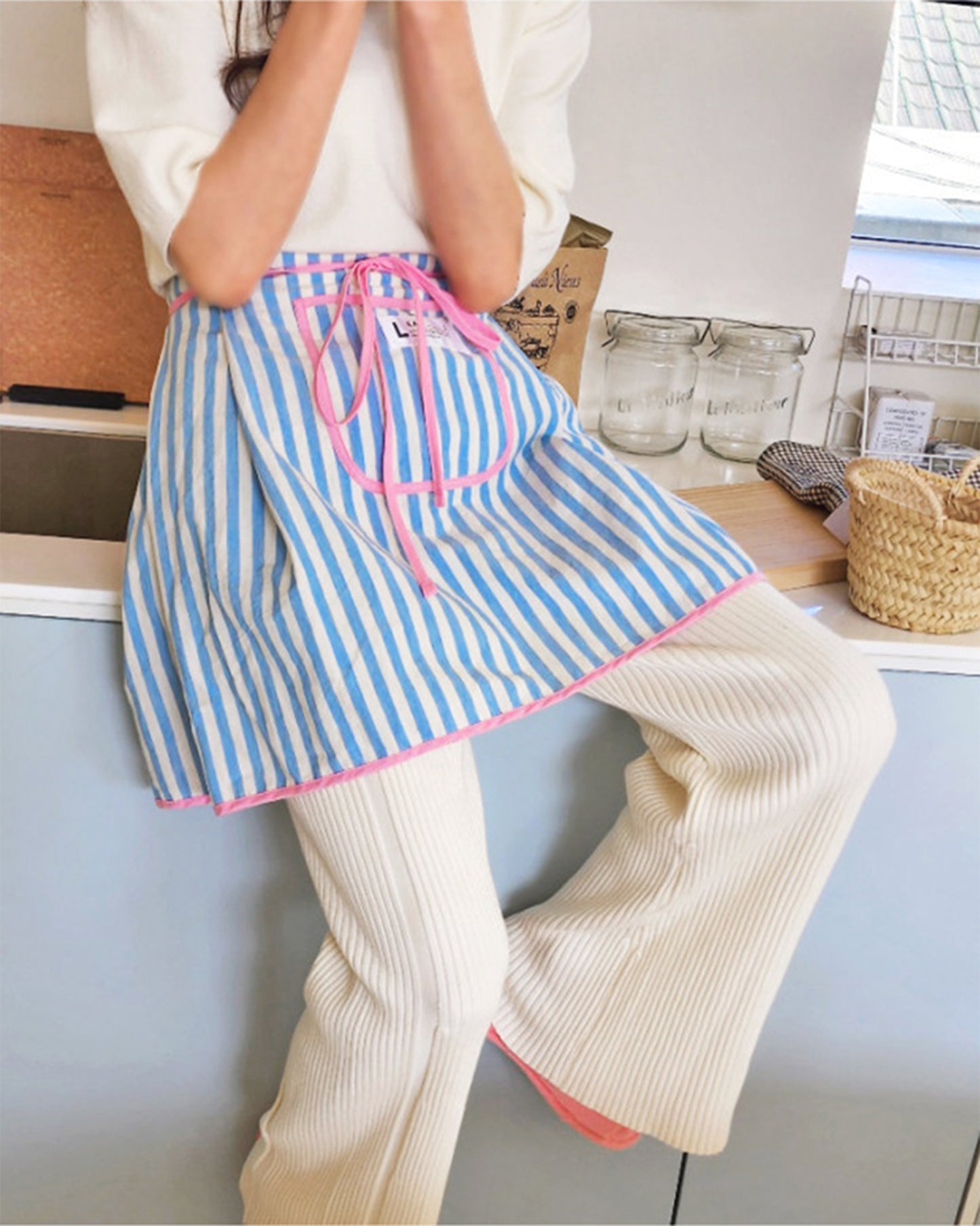 LEAF_J Cotton 100% ストライプ・ハーフエプロン 4color