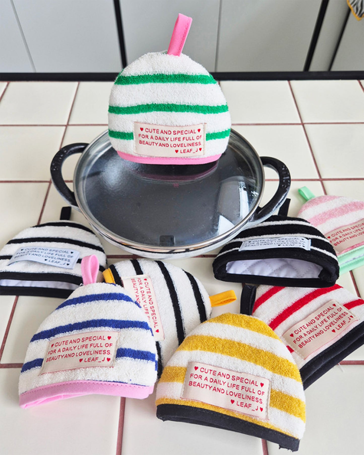 LEAF_J Terry Cotton ストライプ ハーフムーン鍋つかみ