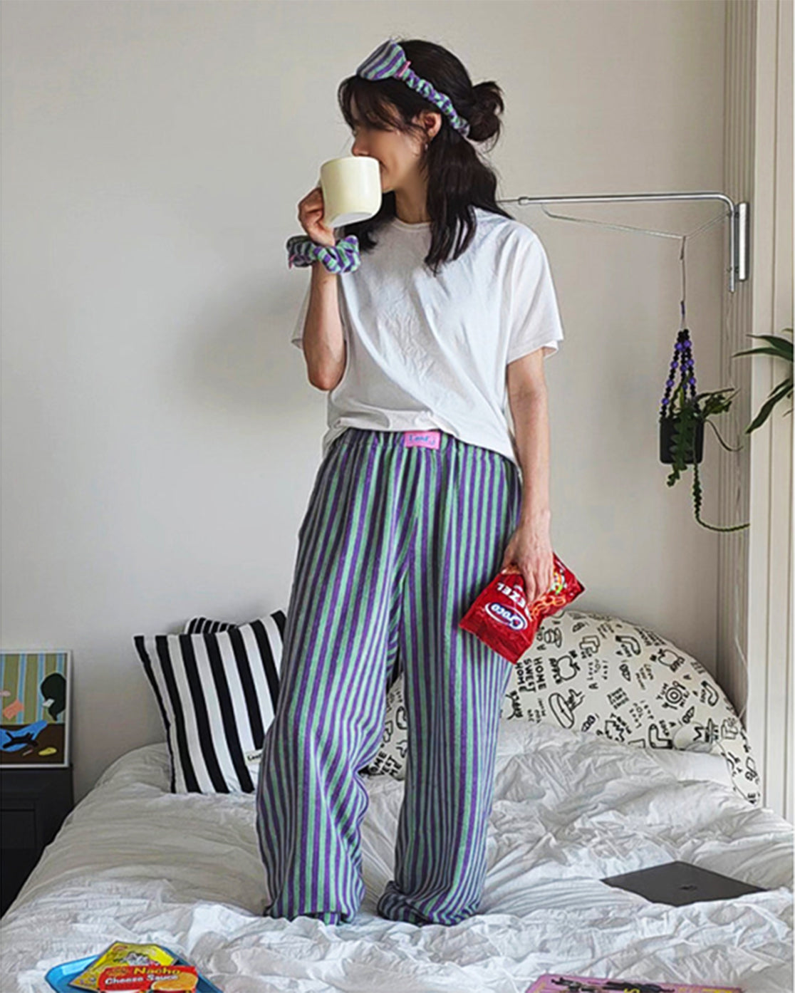 LEAF_J Terry ストライプ ルーズフィット スリープパンツ（ユニセックス／FREE）