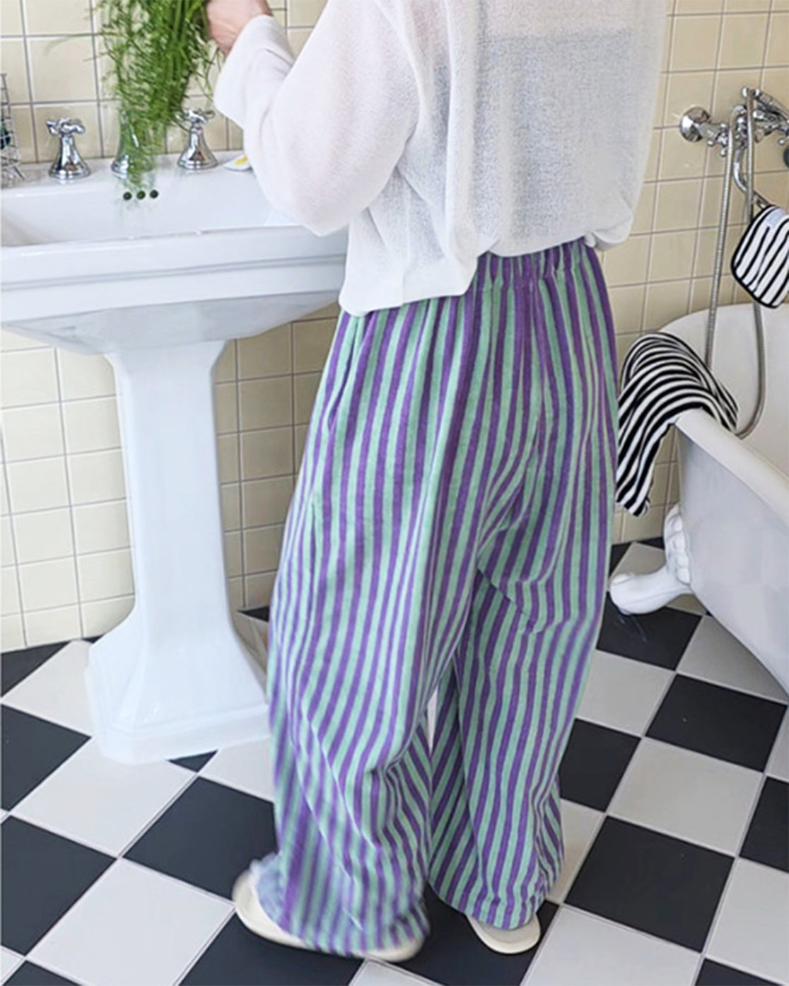 LEAF_J Terry ストライプ ルーズフィット スリープパンツ（ユニセックス／FREE）