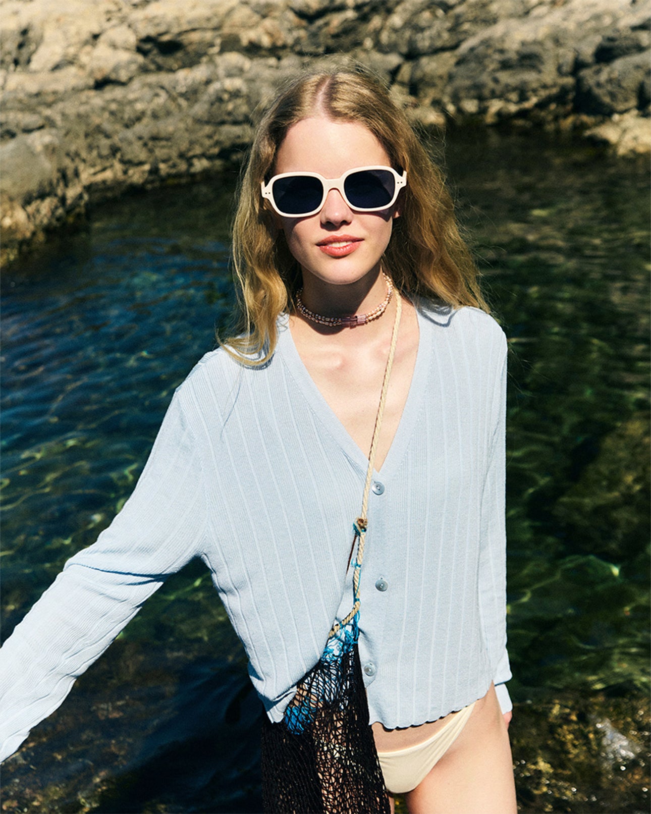 L'été de Pauline 014A Ribbed ロングスリーブ カーディガン（Blue）