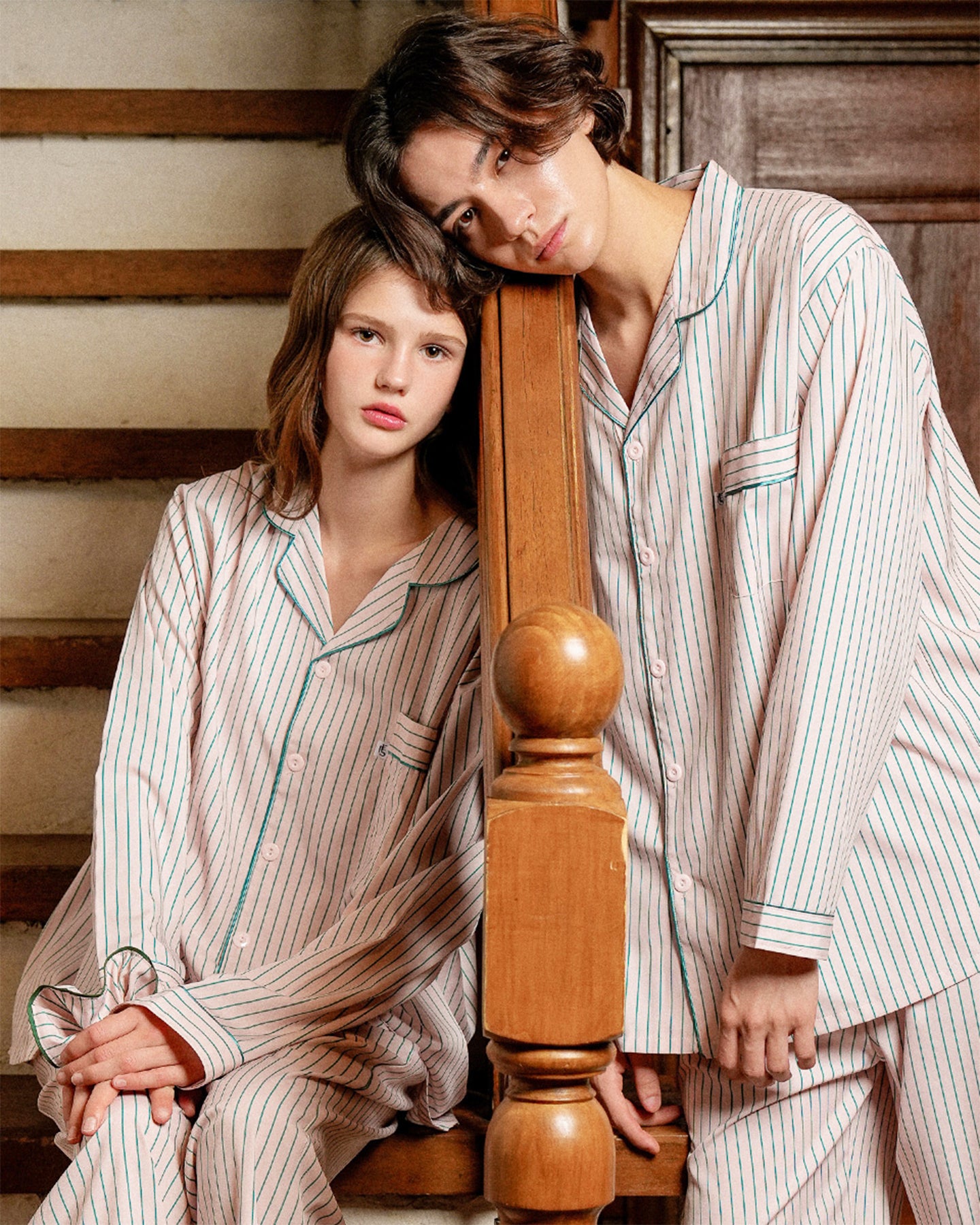 TESER Amore シルクスキン ストライプ 長袖パジャマセット（BabyPink / Unisex）