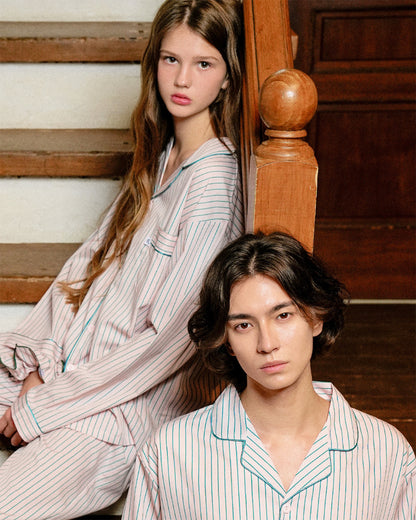 TESER Amore シルクスキン ストライプ 長袖パジャマセット（BabyPink / Unisex）