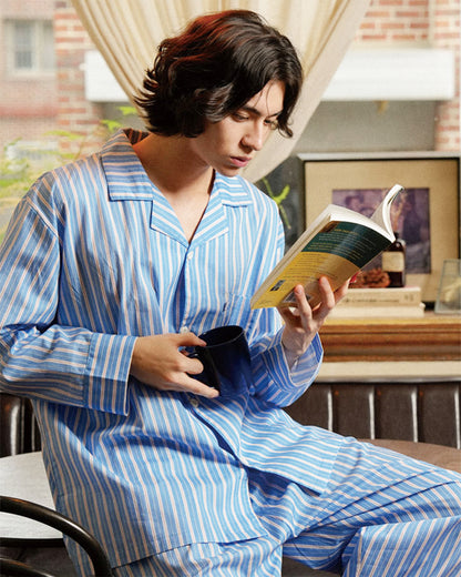 TESER Cozy Line ストライプ 100%コットン 長袖パジャマセット（Blue / Unisex）