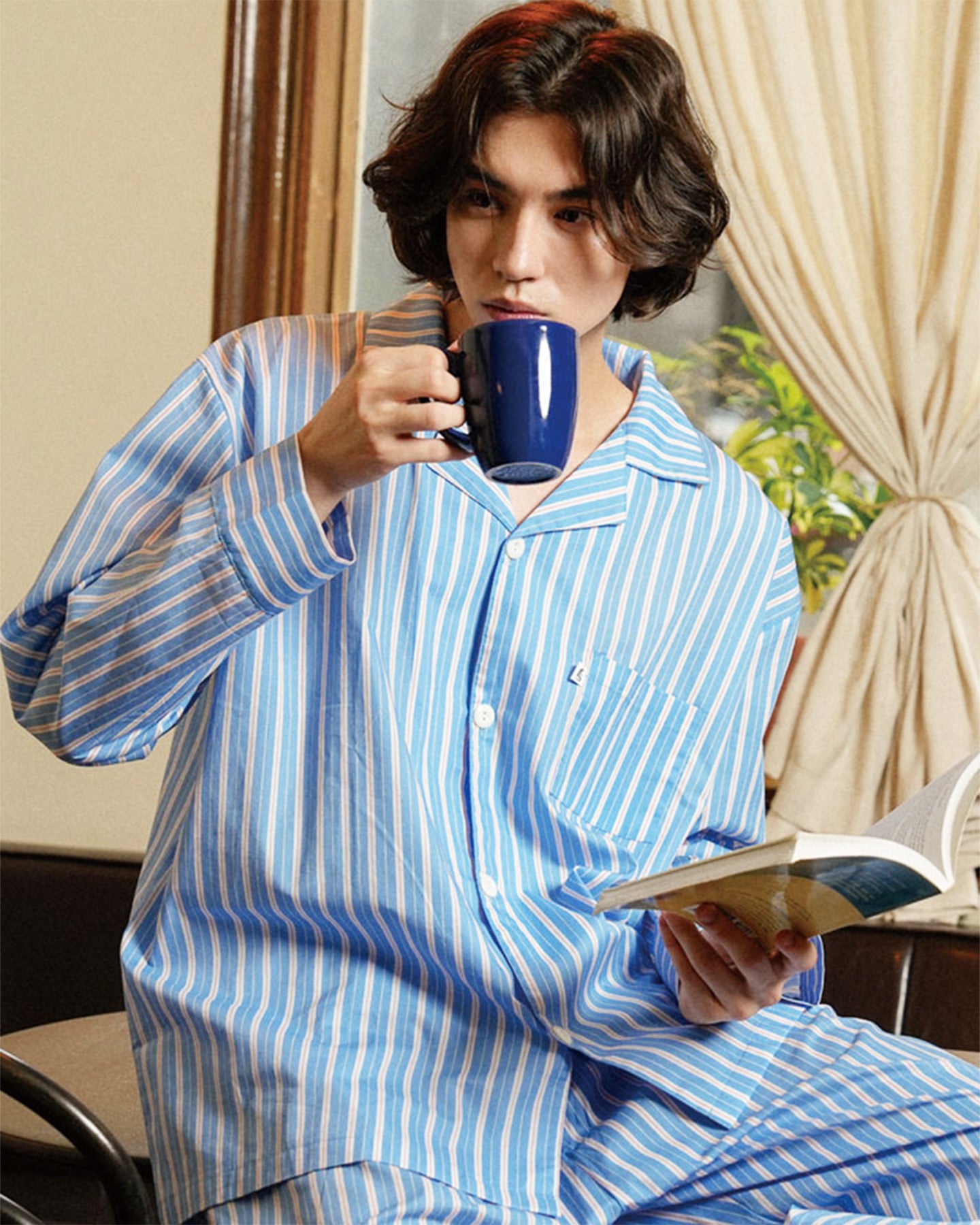 TESER Cozy Line ストライプ 100%コットン 長袖パジャマセット（Blue / Unisex）