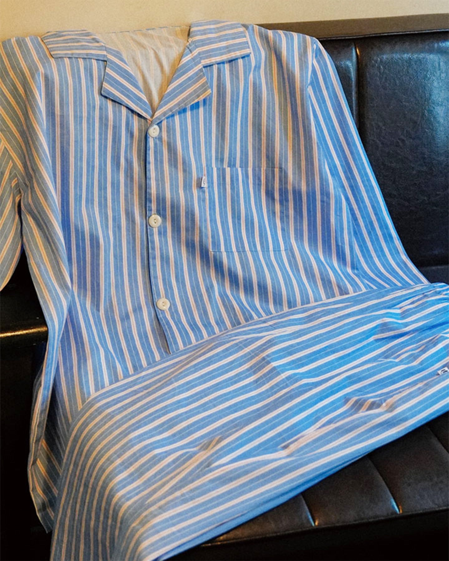 TESER Cozy Line ストライプ 100%コットン 長袖パジャマセット（Blue / Unisex）