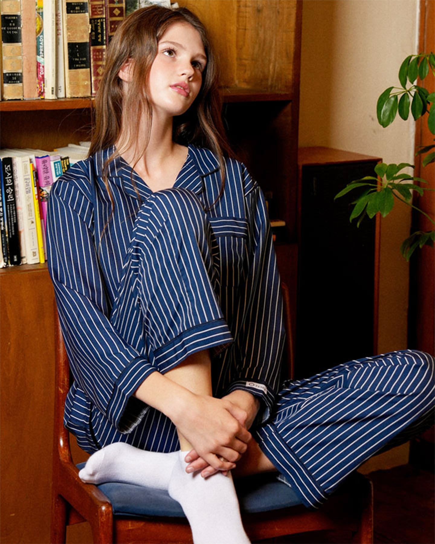 TESER Delight ソフトフィット ストライプ 長袖パジャマセット（Navy / Unisex）