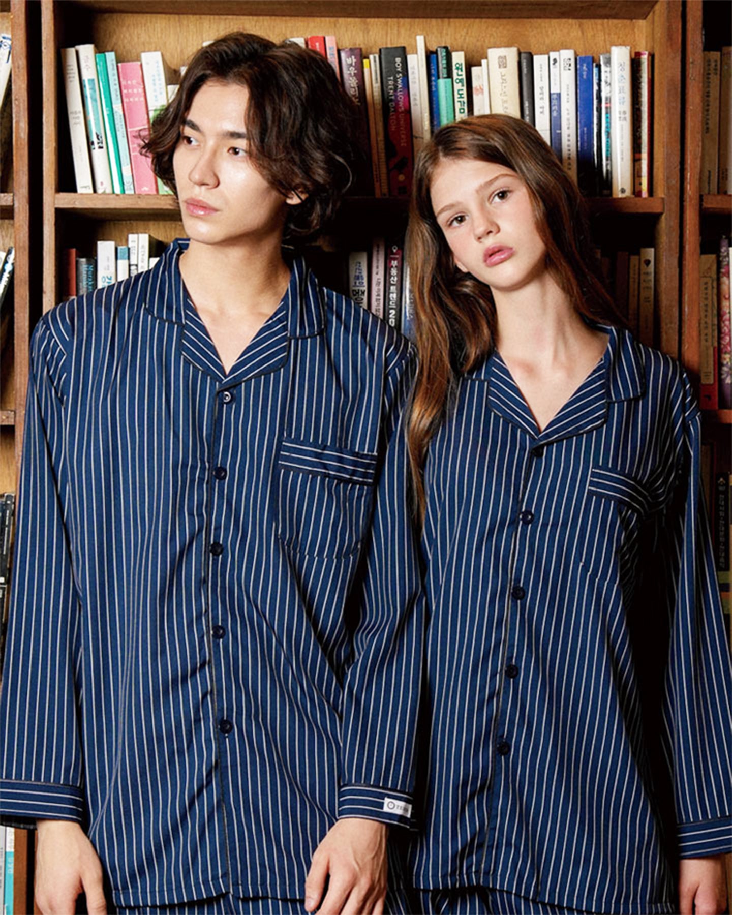TESER Delight ソフトフィット ストライプ 長袖パジャマセット（Navy / Unisex）