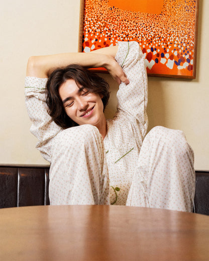 TESER Flora ソフトフィット フラワー 長袖パジャマセット（White / Unisex）