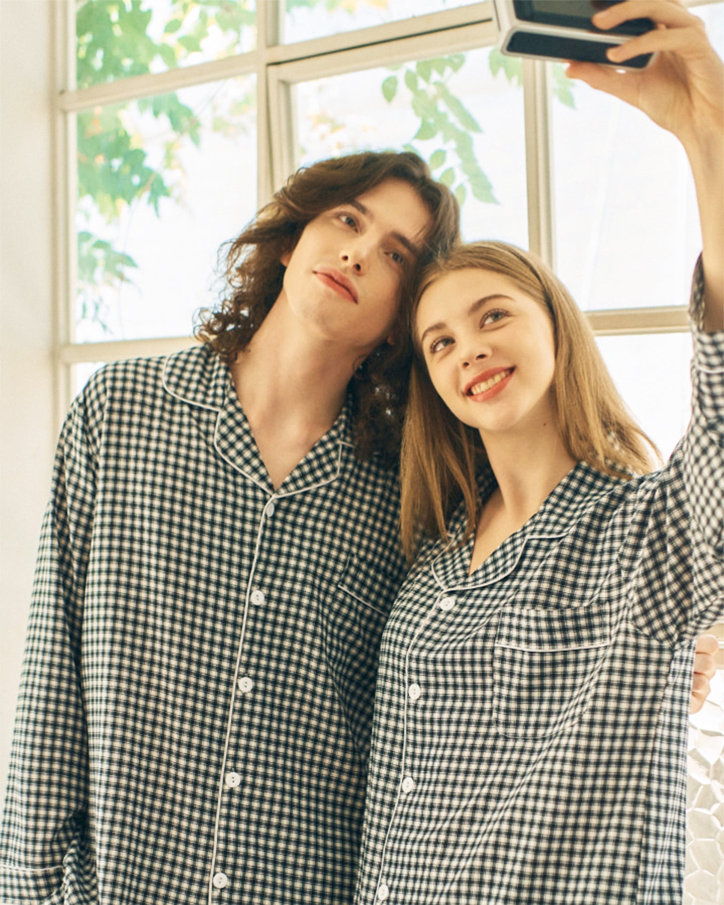 TESER K&K チェック ソフトフィット 長袖パジャマセット（Black & White / Unisex）