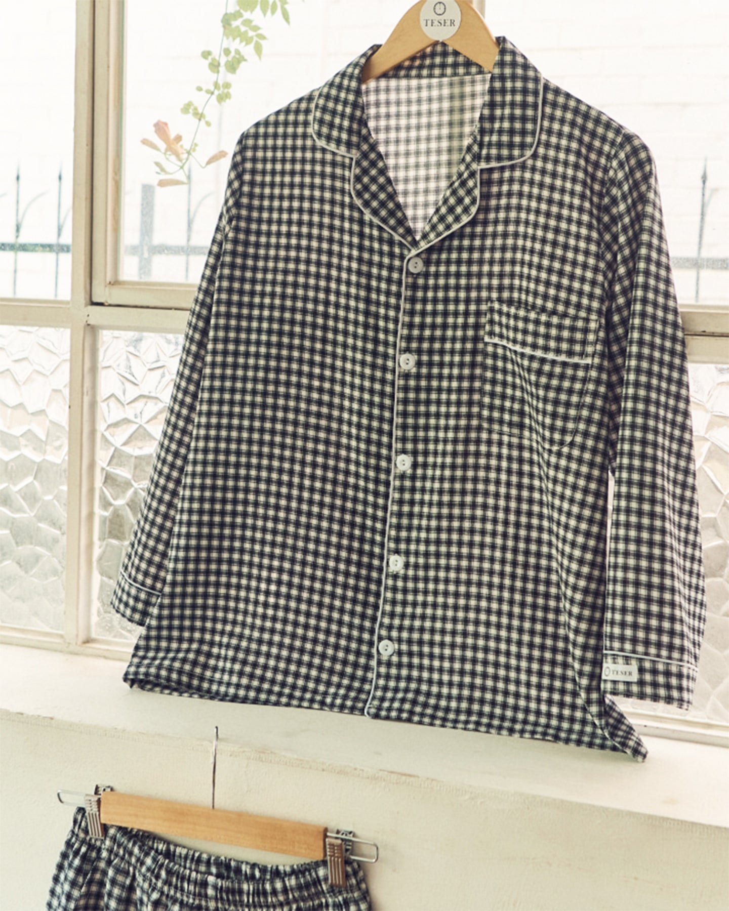 TESER K&K チェック ソフトフィット 長袖パジャマセット（Black & White / Unisex）