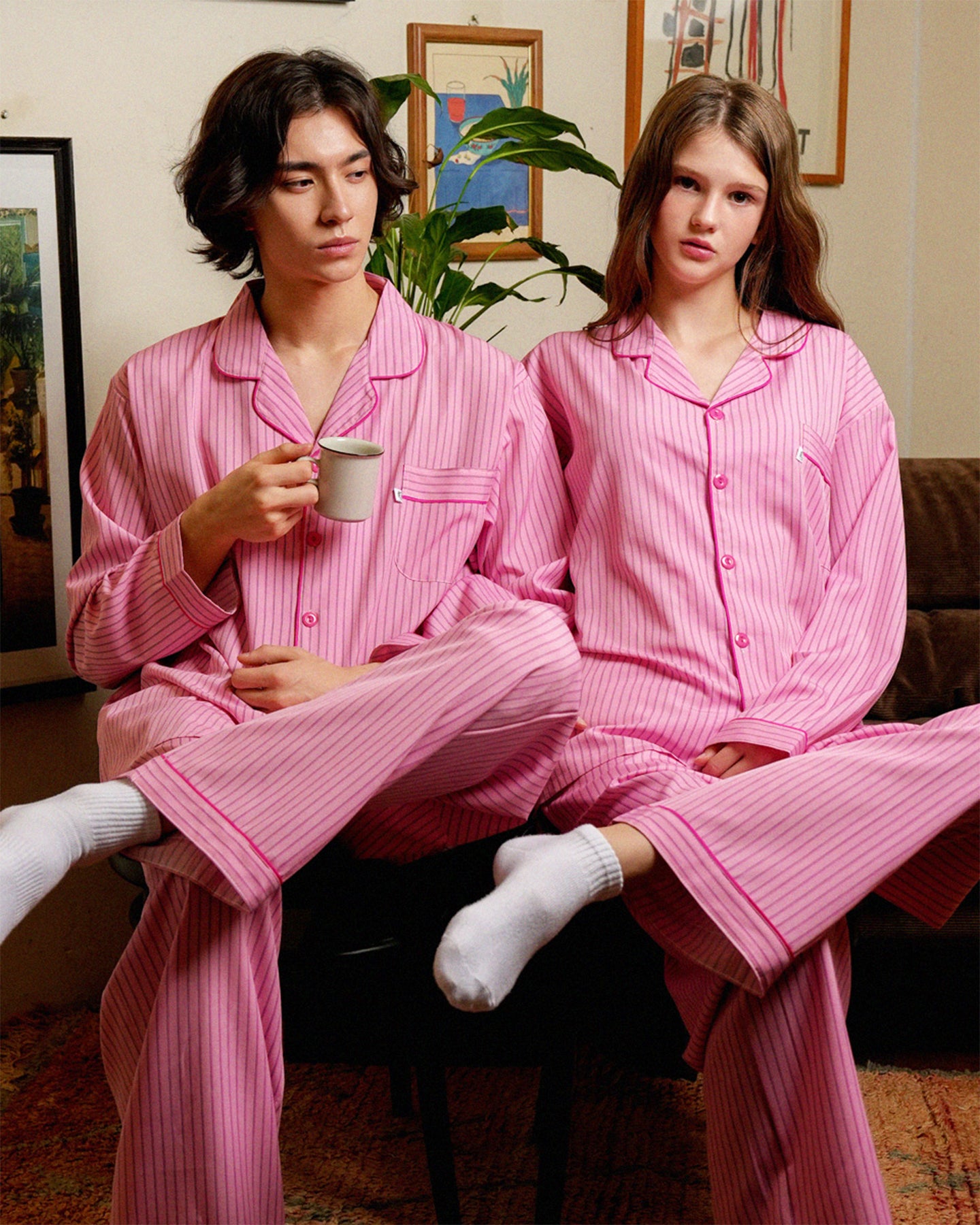 TESER Roseveil シルクスキン ストライプ 長袖パジャマセット（Pink / Unisex）