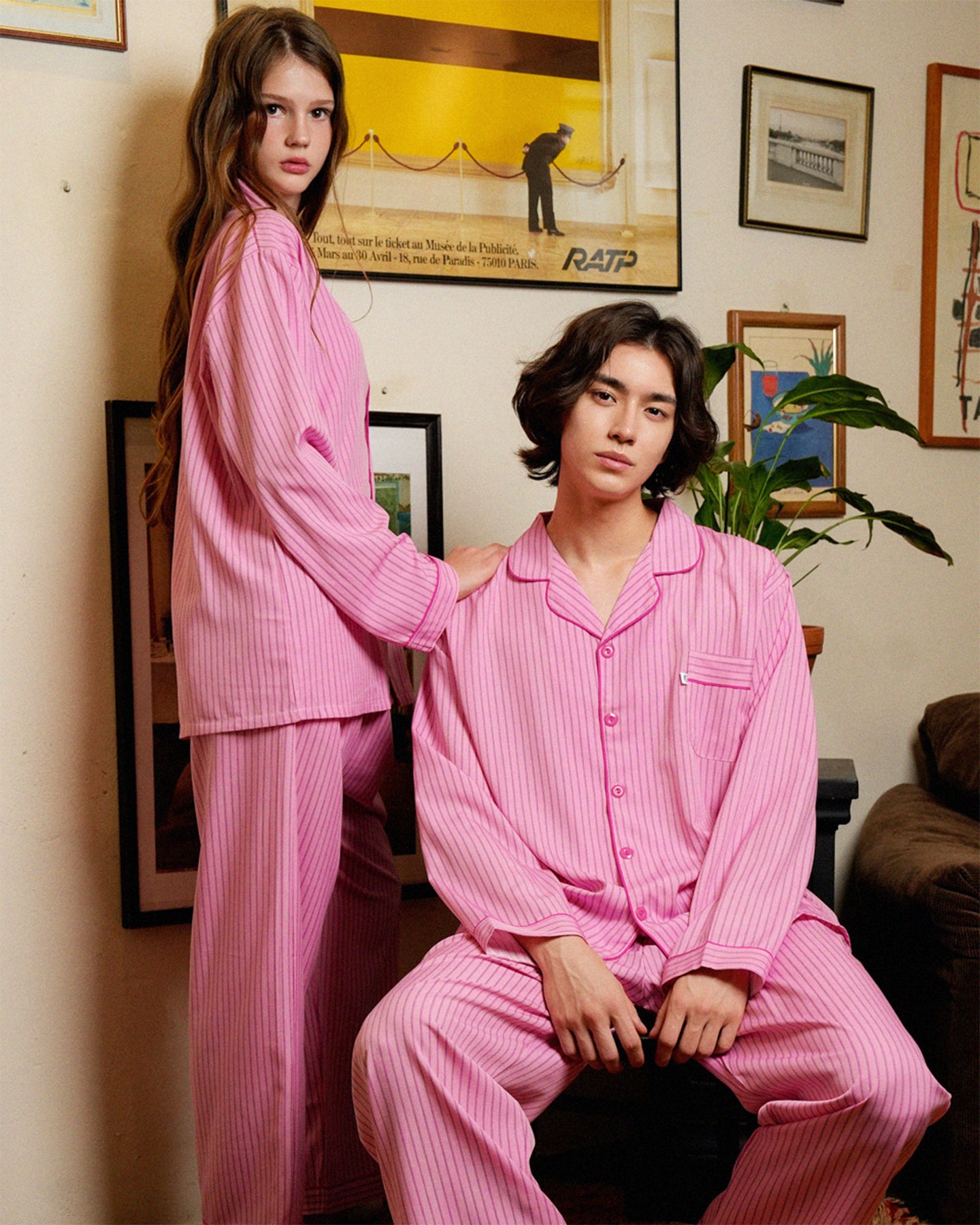 TESER Roseveil シルクスキン ストライプ 長袖パジャマセット（Pink / Unisex）